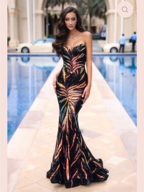 Portia and Scarlett Black Strapless Sequin Mermaid Gown with Iridescent Accents